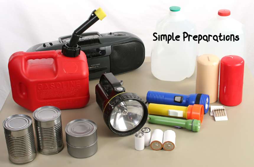 storm preparedness with batteries, flashlights, radio, jugs of water, some canned foods