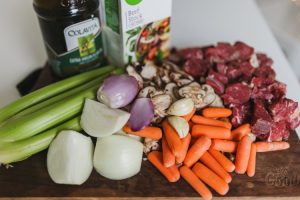 veggies, meat, and broth for meal planning and preparation