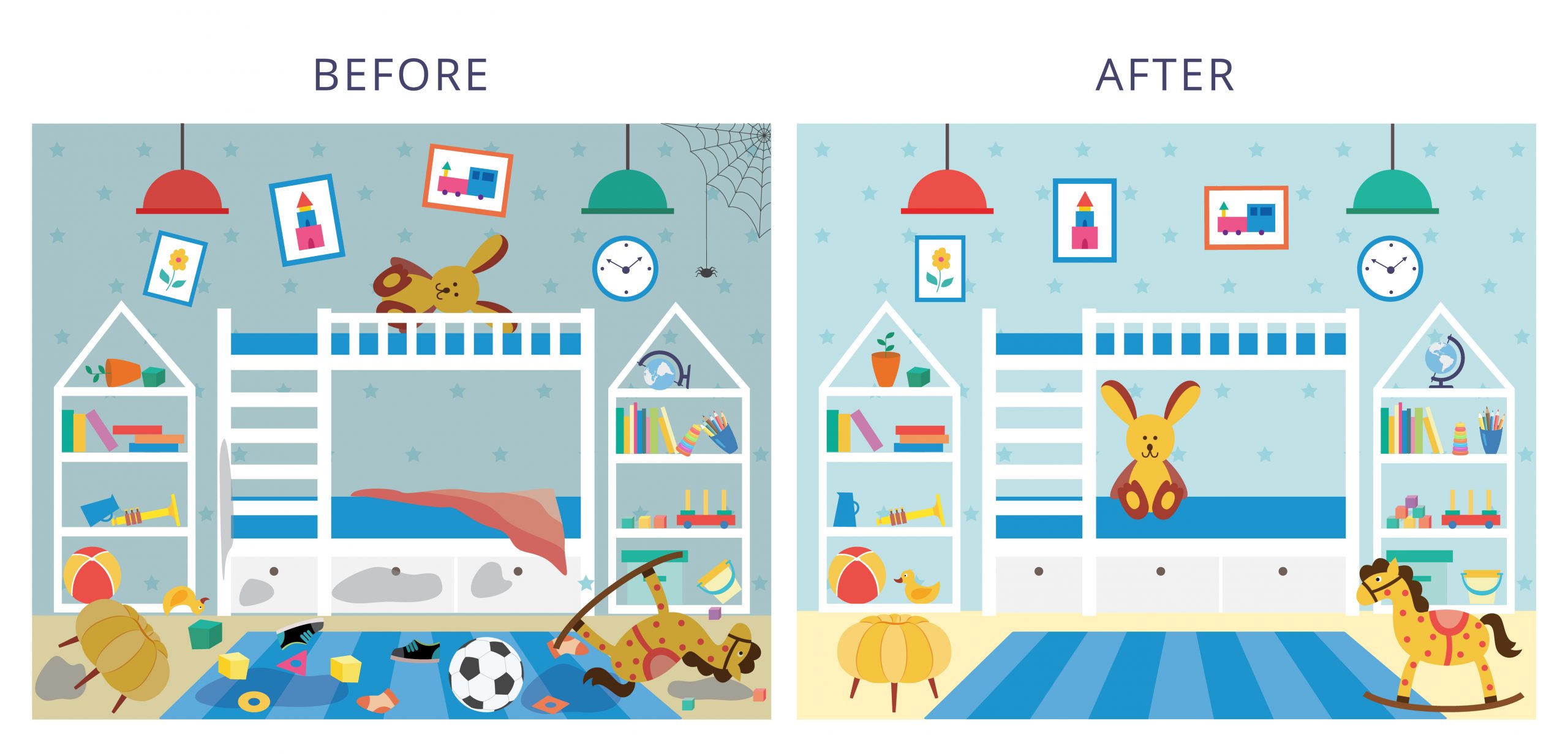 illustration of before and after - messy to organized kids room - by sabelskaya