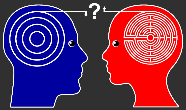 illustration of two heads - blue one with a target like sketch on the brain and the red one with a maze like sketch