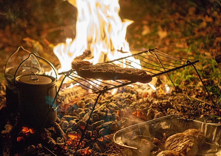 steak cooking on a grill over an open fire